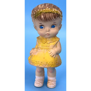 Vintage 1958 Girl Doll Squeak Toy Edward Mobley Yellow Dress Squeaker Rubber 8in